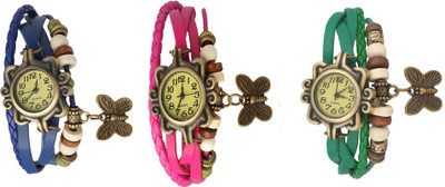 

Kissu Vintage Rakhi Watch Combo of 3 Blue, Pink And Green Watch - For Women
