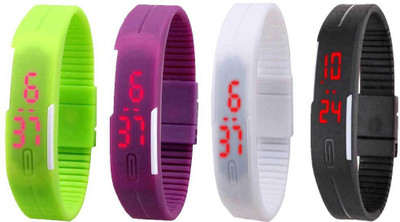 

NS18 Silicone Led Magnet Band Combo of 4 Green, Purple, White And Black Watch - For Boys & Girls