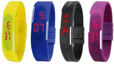 Kissu Led Magnet Band Combo of 4 Yellow, Blue, Black And Purple Watch - For Men & Women