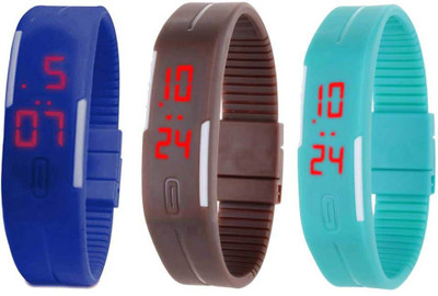 Kissu Led Band Watch Combo of 3 Blue, Brown And Sky Blue Watch - For Couple