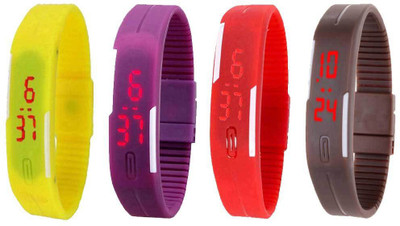 

NS18 Silicone Led Magnet Band Combo of 4 Yellow, Purple, Red And Brown Watch - For Boys & Girls