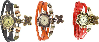 

NS18 Vintage Butterfly Rakhi Watch Combo of 3 Black, Orange And Red Watch - For Women