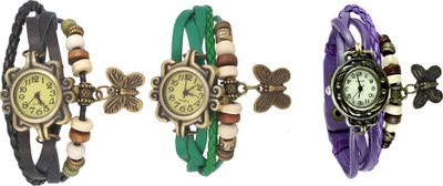 

Kissu Vintage Rakhi Watch Combo of 3 Black, Green And Purple Watch - For Women