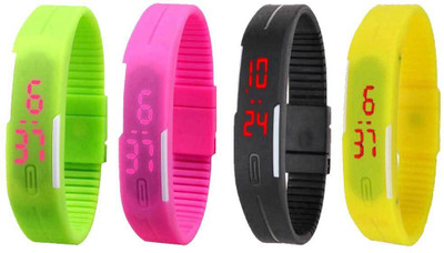 

NS18 Silicone Led Magnet Band Combo of 4 Green, Pink, Black And Yellow Watch - For Boys & Girls