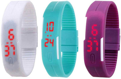 

NS18 Silicone Led Magnet Band Combo of 3 White, Sky Blue And Purple Watch - For Boys & Girls