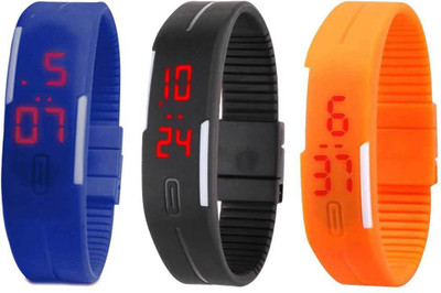 

NS18 Silicone Led Magnet Band Combo of 3 Blue, Black And Orange Watch - For Boys & Girls