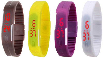 

NS18 Silicone Led Magnet Band Combo of 4 Brown, Yellow, Purple And White Watch - For Boys & Girls