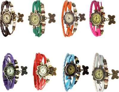 

Kissu Vintage Rakhi Combo of 8 Brown, Green, Orange, Pink, Purple, Red, White And Sky Blue Watch - For Women
