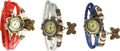 

NS18 Vintage Butterfly Rakhi Watch Combo of 3 Red, White And Blue Watch - For Women