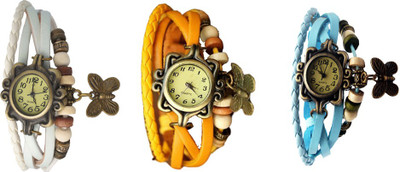 

NS18 Vintage Butterfly Rakhi Watch Combo of 3 White, Yellow And Sky Blue Watch - For Women