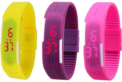 

NS18 Silicone Led Magnet Band Combo of 3 Yellow, Purple And Pink Watch - For Boys & Girls