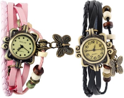 Pappi Boss Combo Offer Set of 2 Vintage Black & Light Pink Leather Bracelet Butterfly Analog Watch  - For Women   Watches  (Pappi Boss)