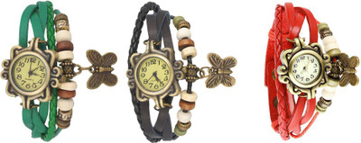 

NS18 Vintage Butterfly Rakhi Watch Combo of 3 Green, Black And Red Watch - For Women