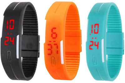

NS18 Silicone Led Magnet Band Combo of 3 Black, Orange And Sky Blue Watch - For Boys & Girls