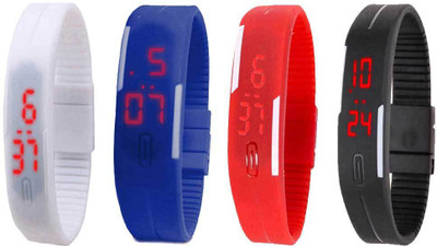Kissu Led Magnet Band Combo of 4 White, Blue, Red And Black Watch - For Men & Women