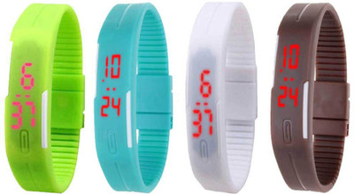 

NS18 Silicone Led Magnet Band Combo of 4 Green, Sky Blue, White And Brown Watch - For Boys & Girls