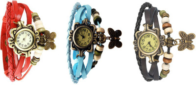 

NS18 Vintage Butterfly Rakhi Watch Combo of 3 Red, Sky Blue And Black Watch - For Women