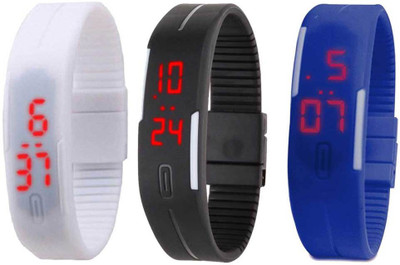 NS18 Silicone Led Magnet Band Combo of 3 White, Black And Blue Watch - For Boys & Girls
