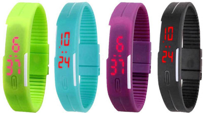 

NS18 Silicone Led Magnet Band Combo of 4 Green, Sky Blue, Purple And Black Watch - For Boys & Girls