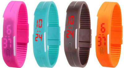 

NS18 Silicone Led Magnet Band Combo of 4 Pink, Sky Blue, Brown And Orange Watch - For Boys & Girls