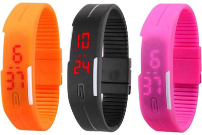 

NS18 Silicone Led Magnet Band Combo of 3 Orange, Black And Pink Watch - For Boys & Girls