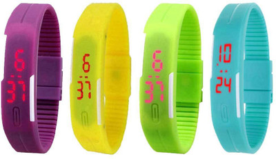 View NS18 Silicone Led Magnet Band Watch Combo of 4 Purple, Yellow, Green And Sky Blue Digital Watch  - For Couple Wrist Watches Price Online(NS18)