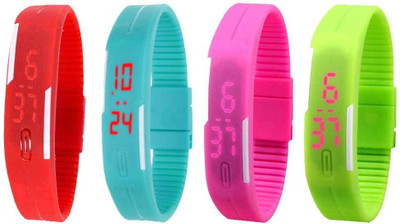 

NS18 Silicone Led Magnet Band Combo of 4 Red, Sky Blue, Pink And Green Watch - For Boys & Girls