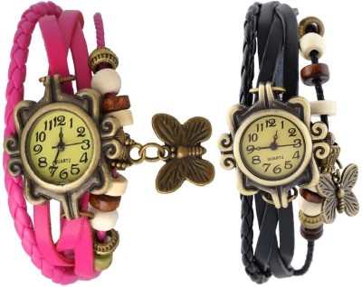 Pappi Boss Combo Offer Set of 2 Vintage Black & Dark Pink Leather Bracelet Butterfly Analog Watch  - For Women   Watches  (Pappi Boss)