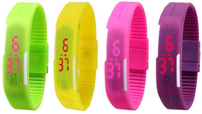 Kissu Led Magnet Band Combo of 4 Green, Yellow, Pink And Purple Watch - For Men & Women