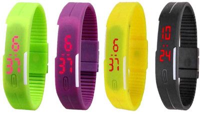 

NS18 Silicone Led Magnet Band Combo of 4 Green, Purple, Yellow And Black Watch - For Boys & Girls