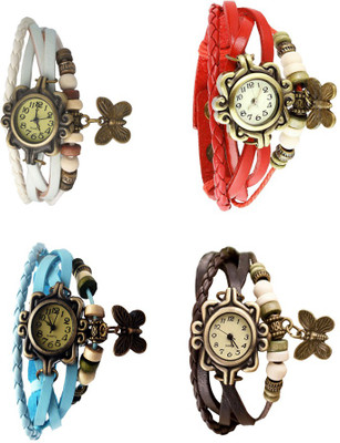 

Kissu Vintage Rakhi Combo of 4 White, Sky Blue, Red And Brown Watch - For Women