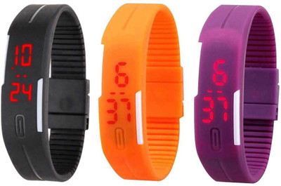 NS18 Silicone Led Magnet Band Combo of 3 Black, Orange And Purple Watch - For Boys & Girls