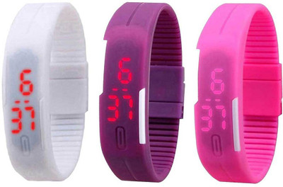 NS18 Silicone Led Magnet Band Combo of 3 White, Purple And Pink Digital Watch  - For Boys & Girls   Watches  (NS18)