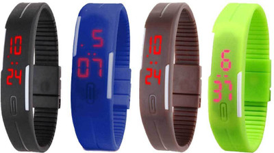 

NS18 Silicone Led Magnet Band Combo of 4 Black, Blue, Brown And Green Watch - For Boys & Girls