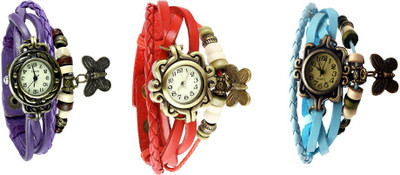 

NS18 Vintage Butterfly Rakhi Watch Combo of 3 Purple, Red And Sky Blue Watch - For Women