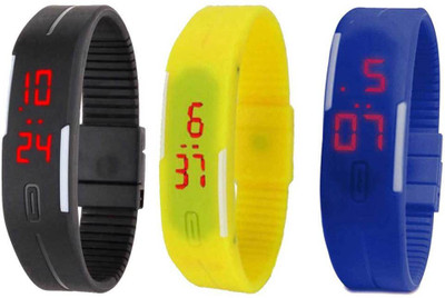 

NS18 Silicone Led Magnet Band Combo of 3 Black, Yellow And Blue Watch - For Boys & Girls