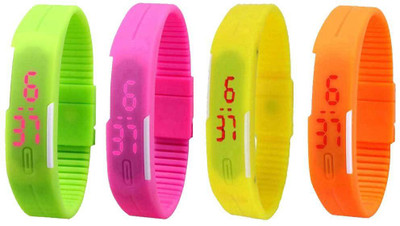 

NS18 Silicone Led Magnet Band Combo of 4 Green, Pink, Yellow And Orange Watch - For Boys & Girls