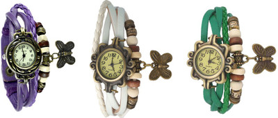 

NS18 Vintage Butterfly Rakhi Watch Combo of 3 Purple, White And Green Watch - For Women