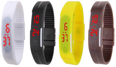 

NS18 Silicone Led Magnet Band Combo of 4 White, Black, Yellow And Brown Watch - For Boys & Girls