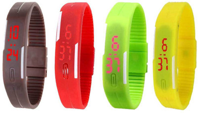 NS18 Silicone Led Magnet Band Combo of 4 Brown, Red, Green And Yellow Watch - For Boys & Girls