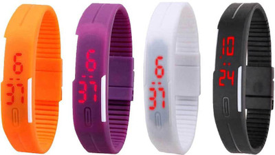 

NS18 Silicone Led Magnet Band Combo of 4 Orange, Purple, White And Black Watch - For Boys & Girls