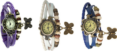 

NS18 Vintage Butterfly Rakhi Watch Combo of 3 Purple, White And Blue Watch - For Women