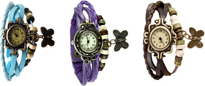 

Kissu Vintage Rakhi Watch Combo of 3 Sky Blue, Purple And Brown Watch - For Women