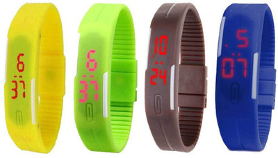 

NS18 Silicone Led Magnet Band Combo of 4 Yellow, Green, Brown And Blue Watch - For Boys & Girls