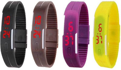 

NS18 Silicone Led Magnet Band Combo of 4 Black, Brown, Purple And Yellow Watch - For Boys & Girls