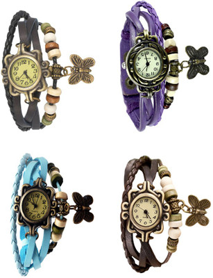 

NS18 Vintage Butterfly Rakhi Combo of 4 Black, Sky Blue, Purple And Brown Watch - For Women