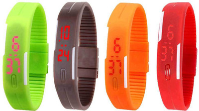 NS18 Silicone Led Magnet Band Watch Combo of 4 Green, Brown, Orange And Red Watch - For Couple
