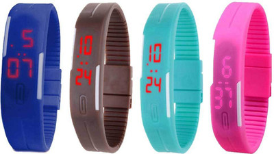 Kissu Led Magnet Band Combo of 4 Blue, Brown, Sky Blue And Pink Watch - For Men & Women