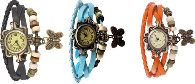 

Kissu Vintage Rakhi Watch Combo of 3 Black, Sky Blue And Orange Watch - For Women