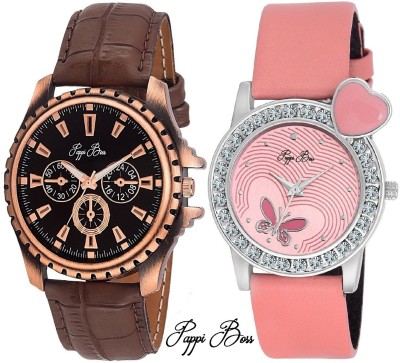 Pappi Boss Brown Octane Chronograph & Pink Cute Heart Leather Casual Couple Analog Watch  - For Men & Women   Watches  (Pappi Boss)
